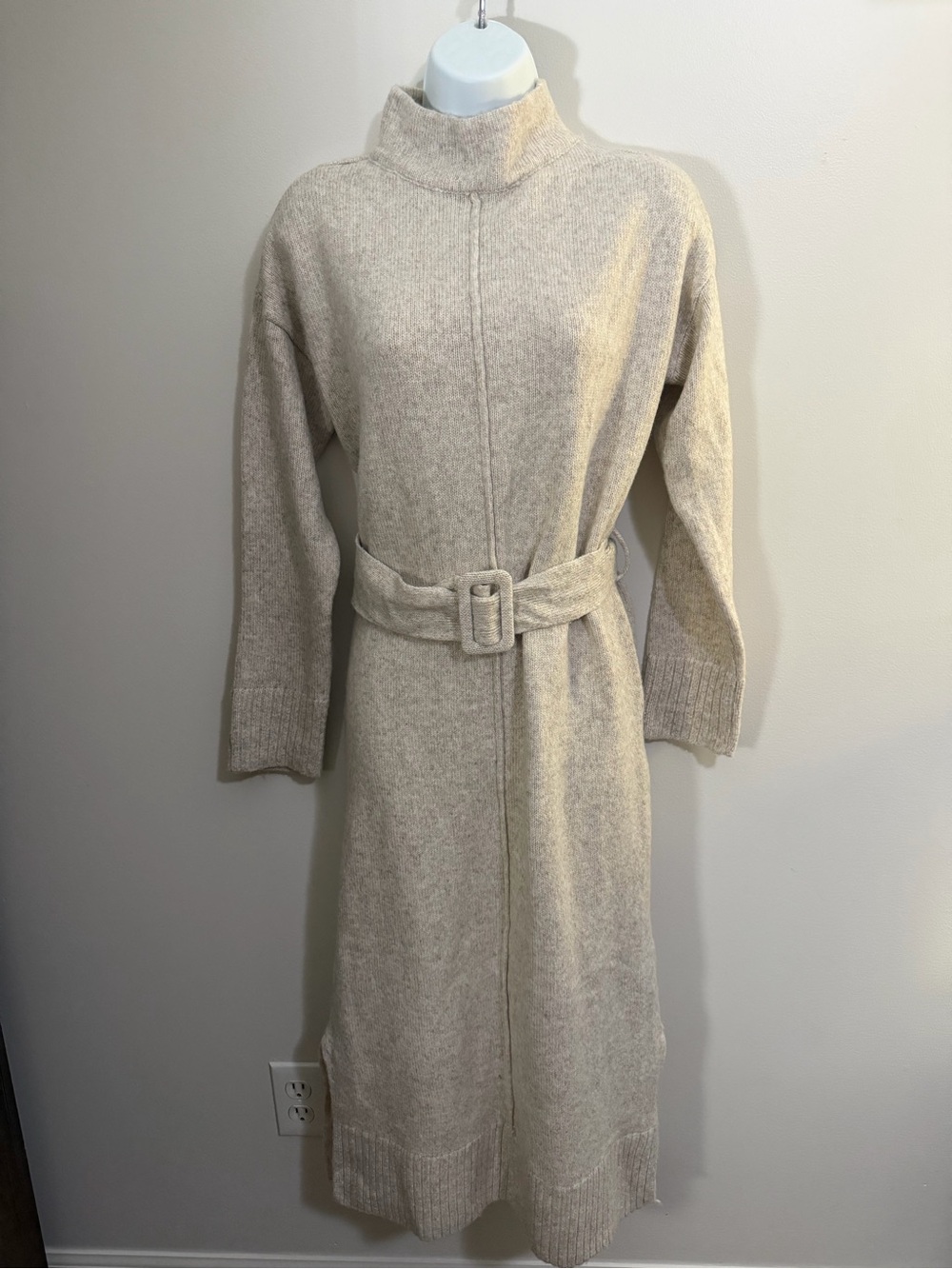 Fate Turtleneck Belted Knit Midi Dress in Light Beige